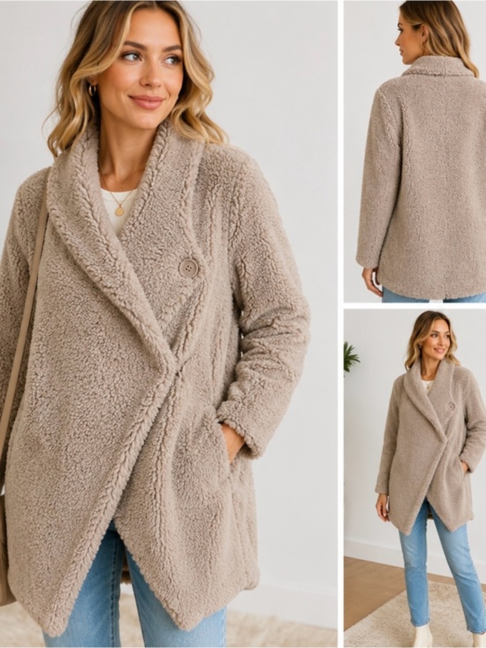 BB Dakota Teddy Faux Fur Wrap Coat Taupe Beige Asymmetrical Large